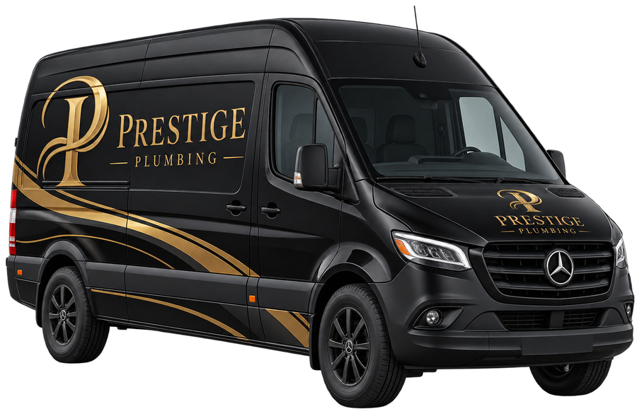 Concept render of a black Prestige Plumbing service van with an antique-gold monogram and livery